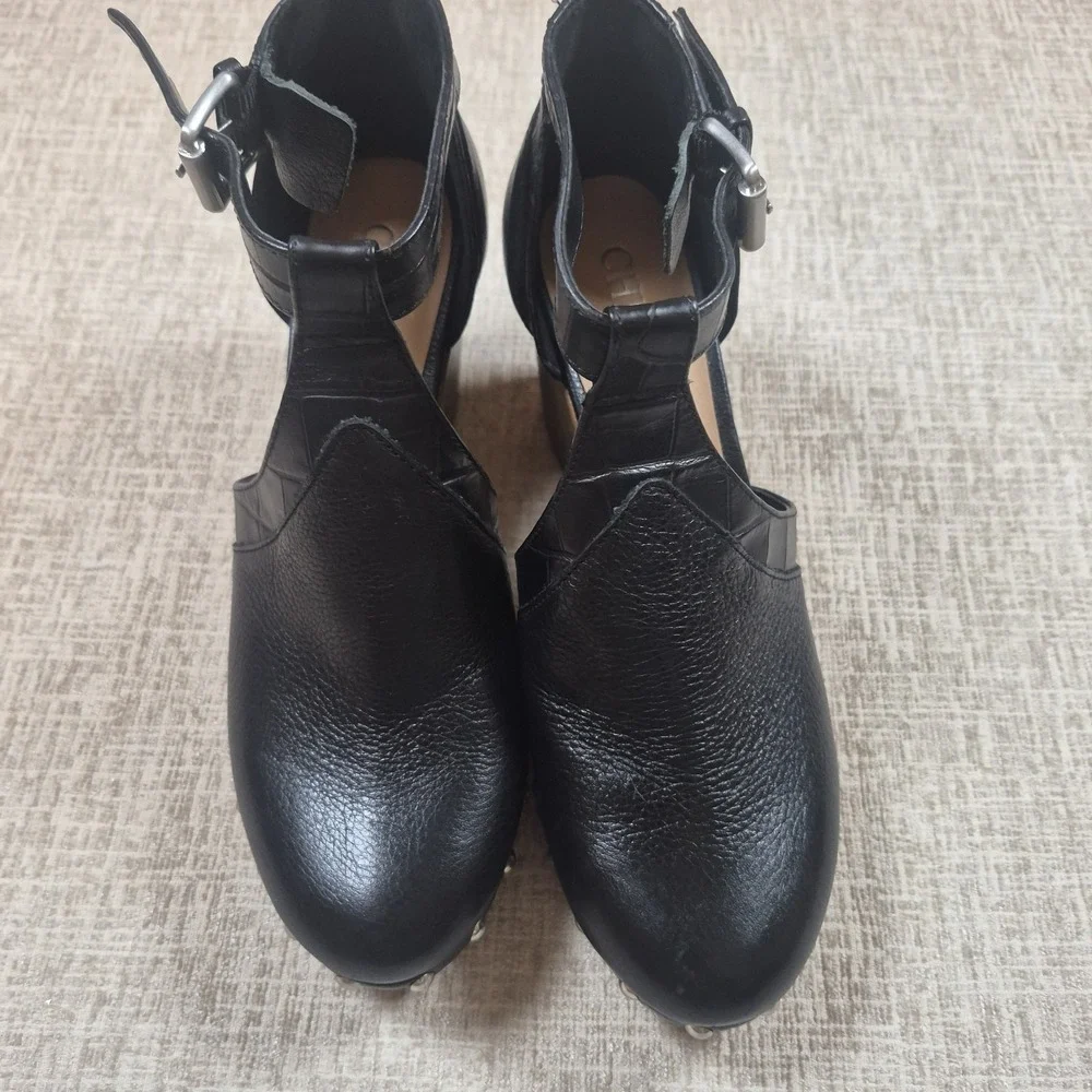 Chelsea & Violet Black Leather Heeled Clogs Studded Ankle Strap Shoes Size